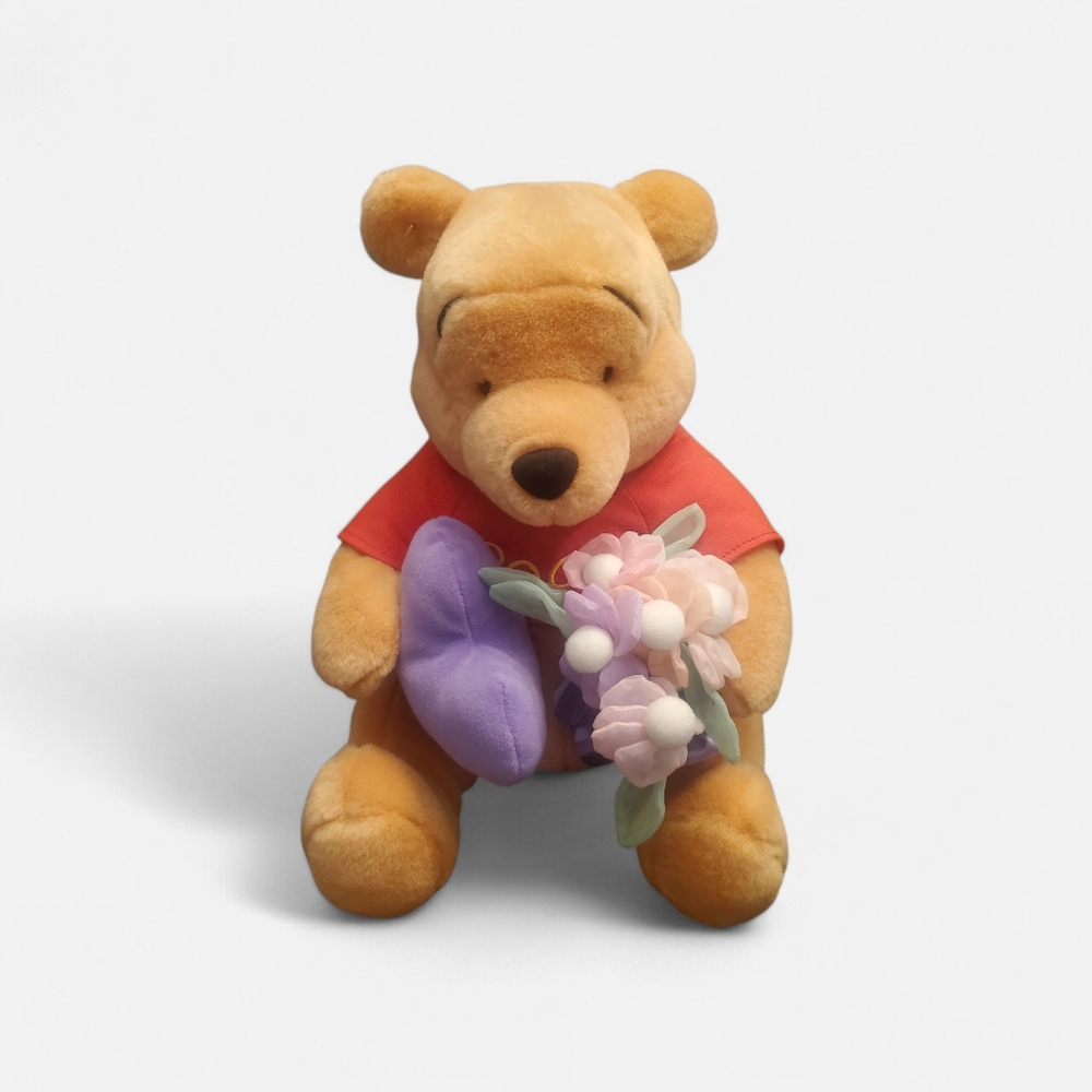 Disney Vintage Pooh Bear Plush With Flowers And Purple Heart - Picture 2 of 3